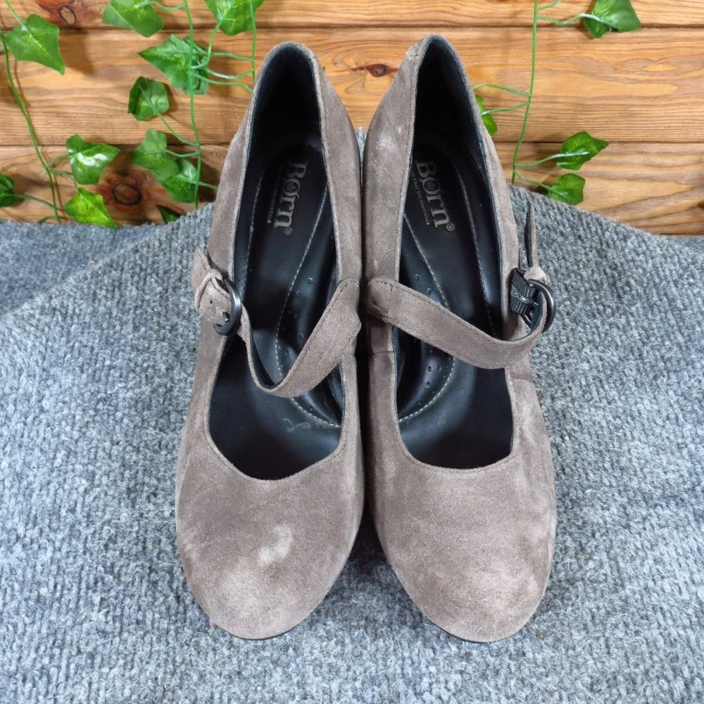 Born Jordana Women Mary Jane Wedge Pumps Size 7.5 Work Office Taupe Gray Suede
